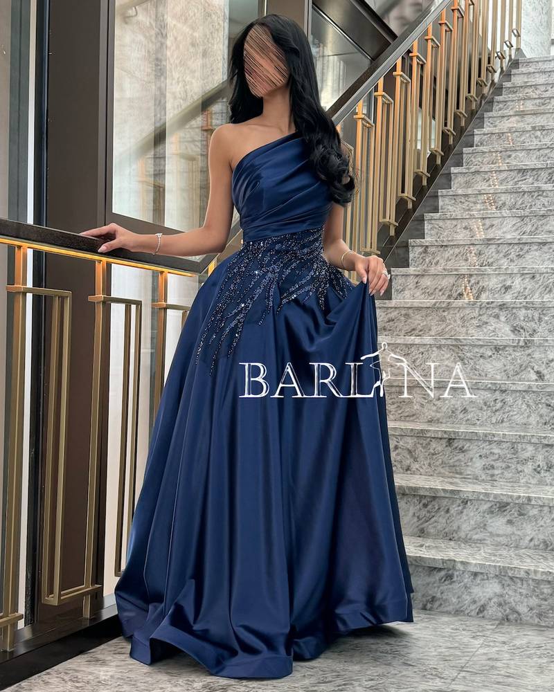 One Shoulder Navy Evening Dress with Elegant Beads