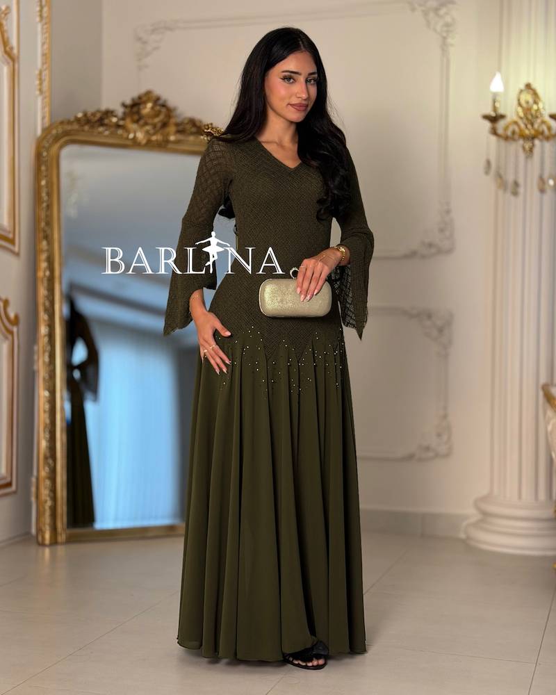 Elegant olive greem dress with bell sleeves