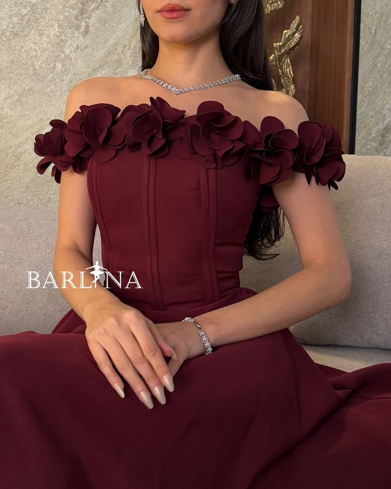 Burgundy Corset Dress with Floral Shoulders