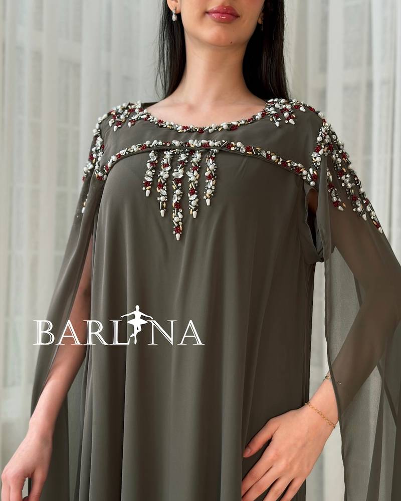 Dark olive chiffon jalabiya with luxurious embroidery
