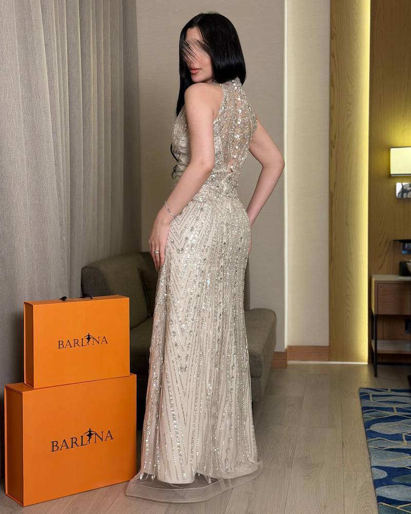 Beige dress fully embroidered with sequins and beads