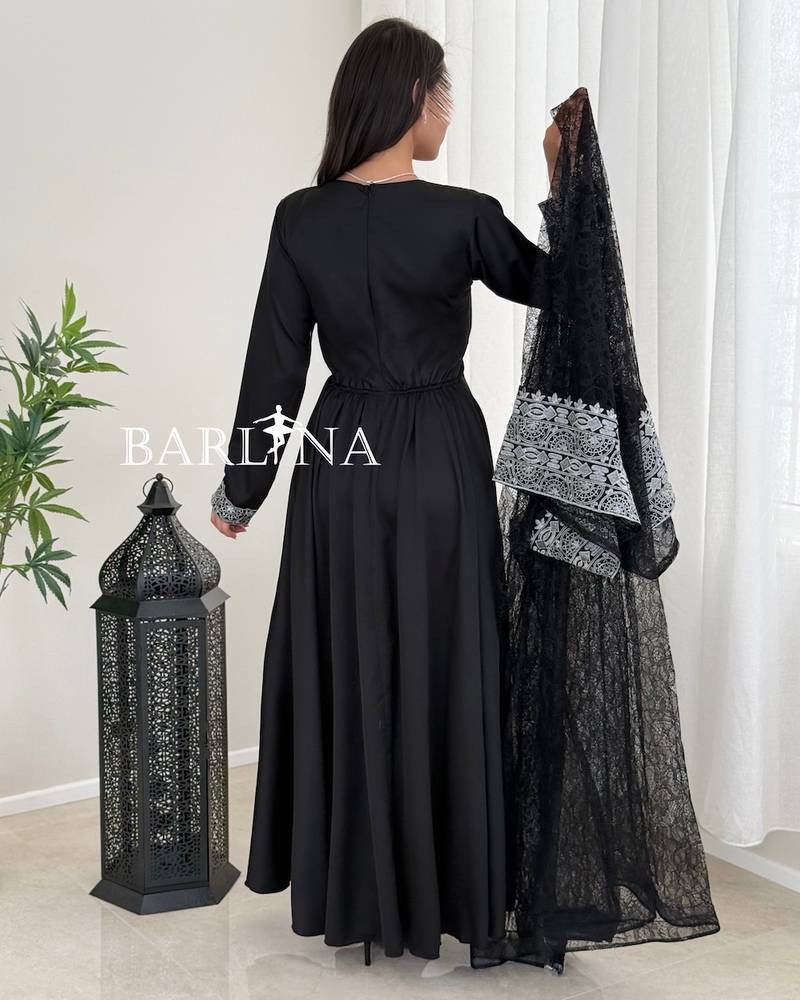 Elegant black jalabiya with an embroidered lace layer