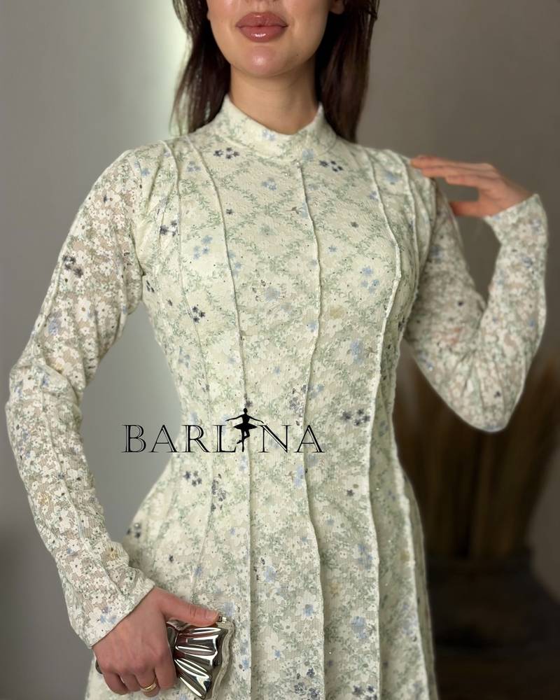 Off-white dress with apple-colored floral print