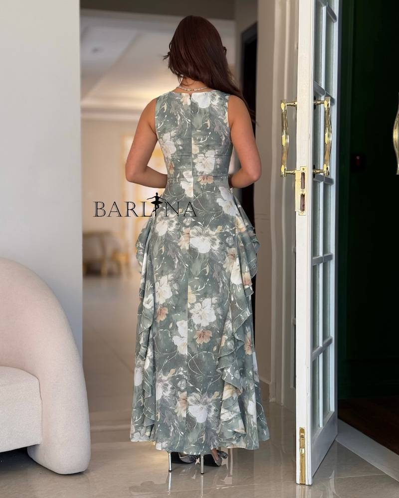 Elegant ruffled gray floral dress