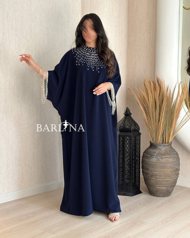 Wide navy blue jalabiya with chest embroidery