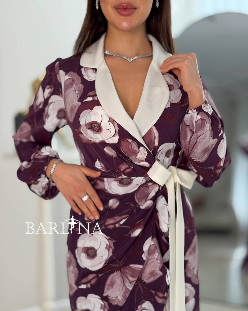 Dark purple floral dress with a white collar
