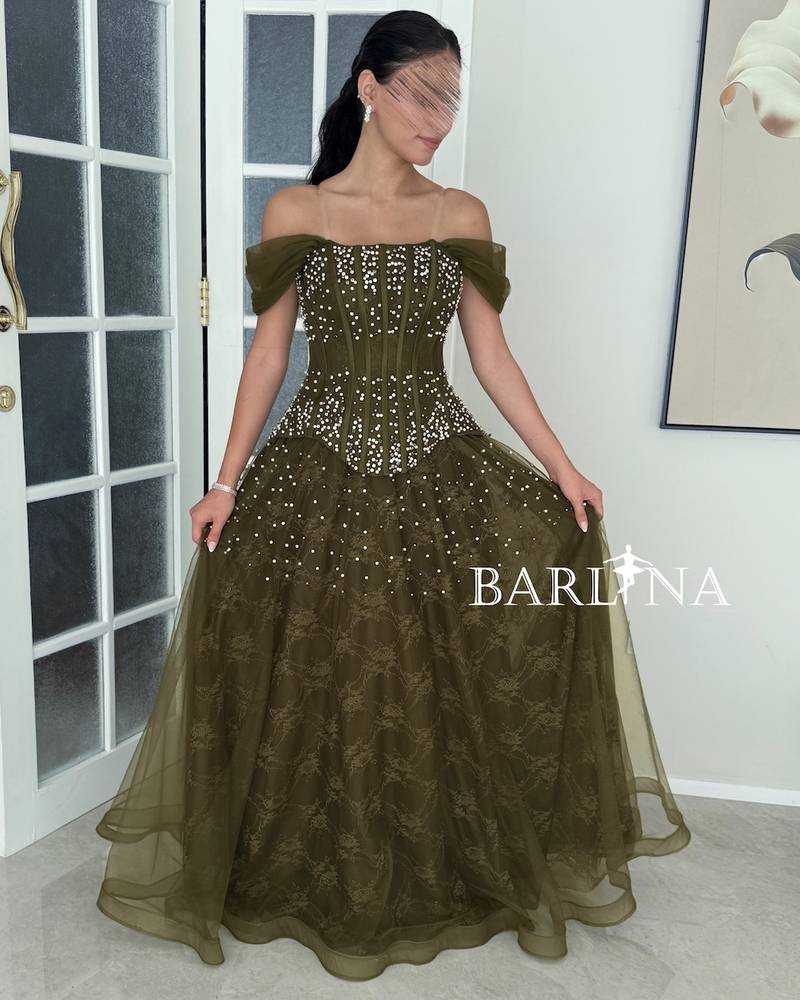 Olive tulle corset dress with dropped shoulders