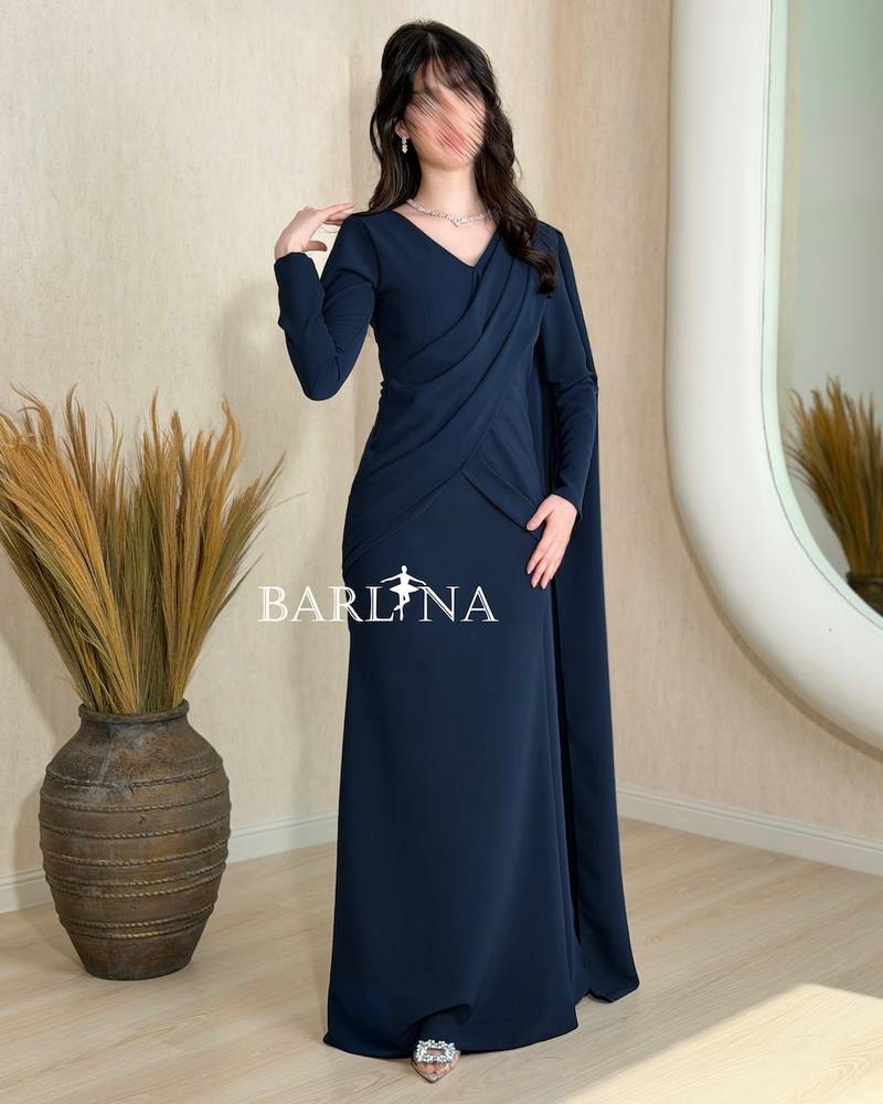 Long navy dress with a side shawl