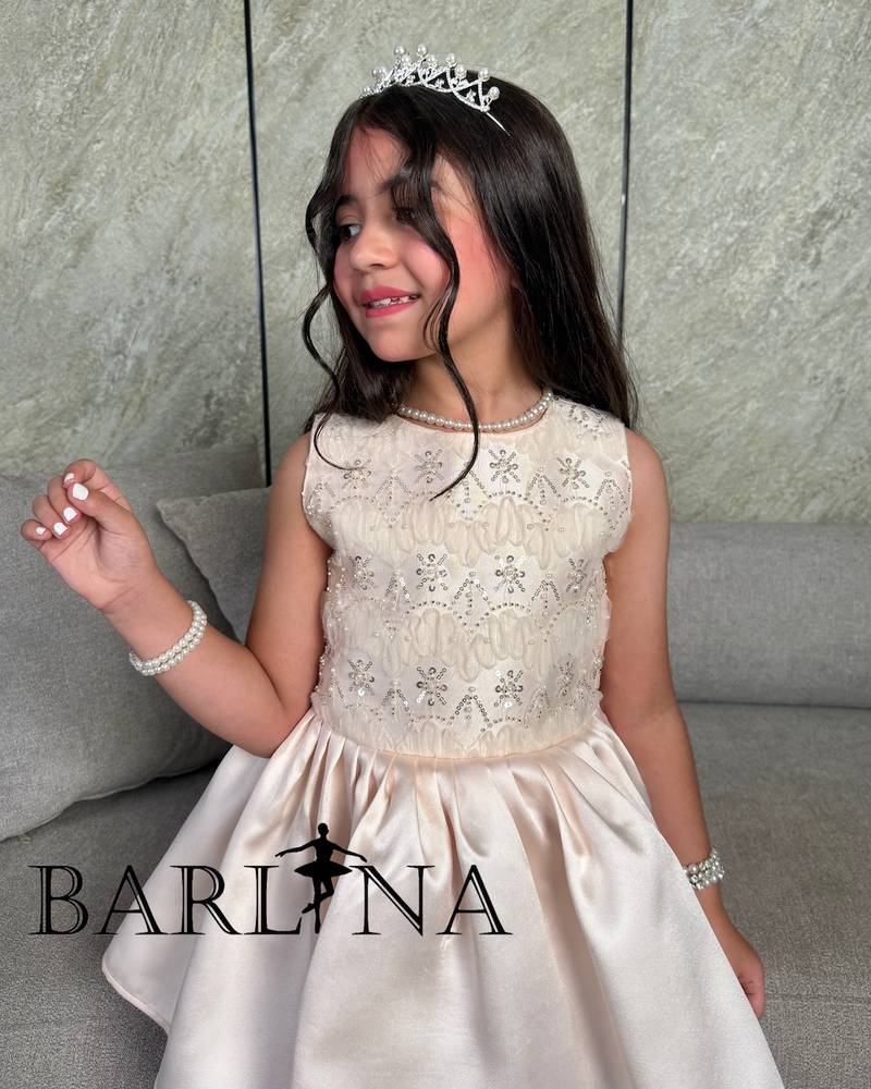 Girls' beige dress with a purple tulle layer