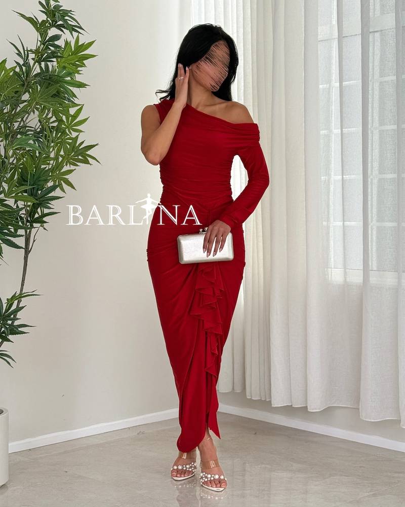 Soft red one-shoulder dress with side draping