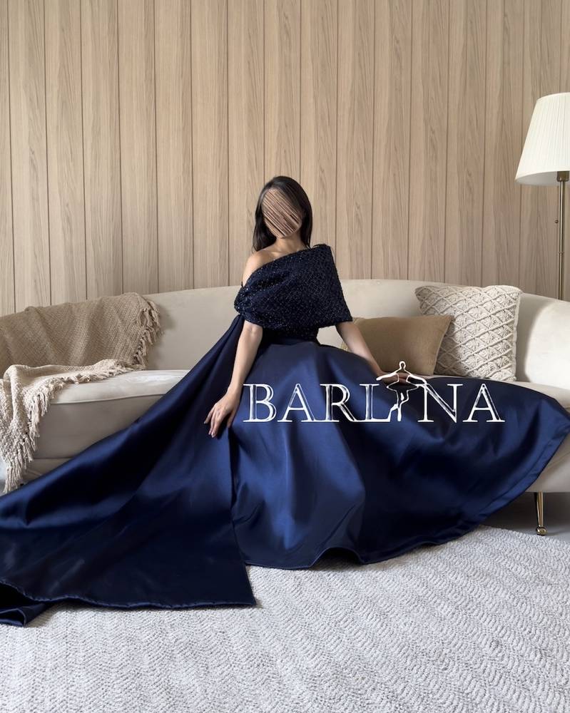 Wide shoulder navy blue dress
