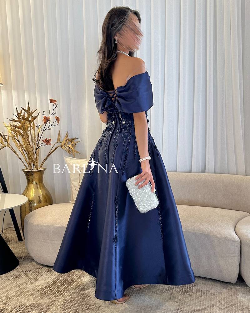 Mikado Off Shoulder Navy blue Midi Dress