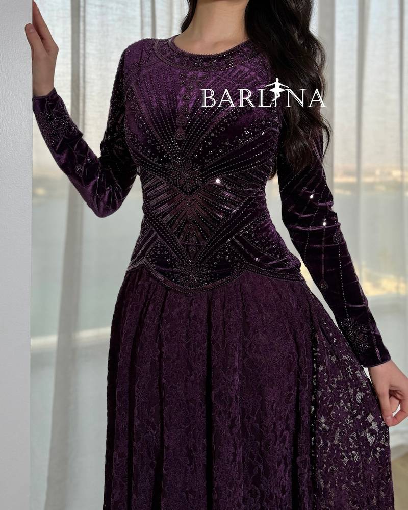 Royal purple lace dress with velvet sleeves