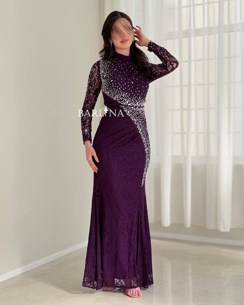 Purple lace dress with silver gradient embroidery