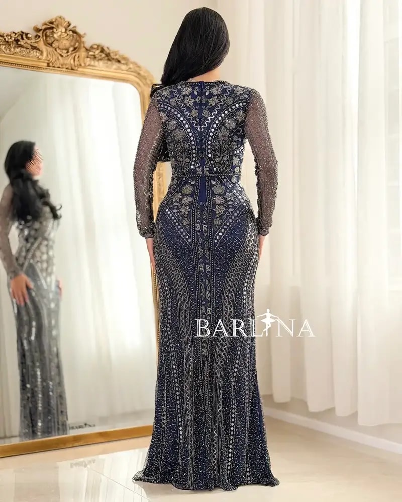 Luxurious navy blue evening dress with beadwork