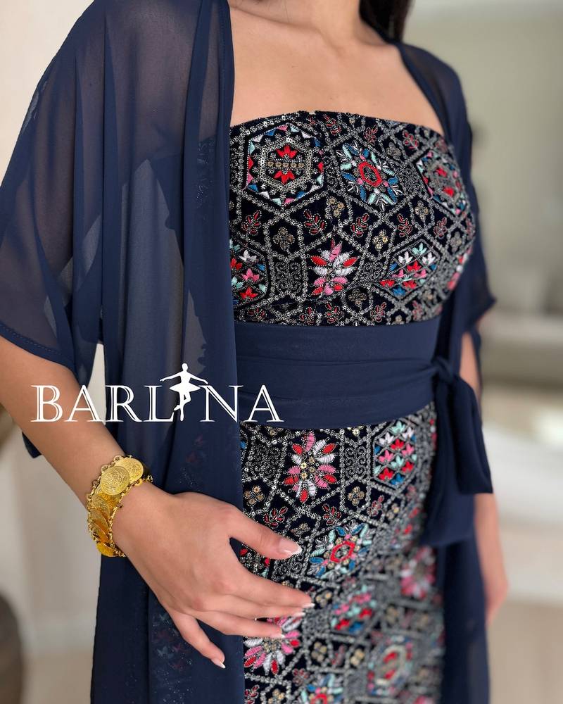 Navy blue embellished jalabiya with a sheer abaya