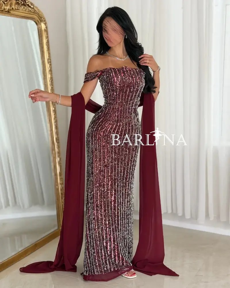 Burgundy sequined evening dress