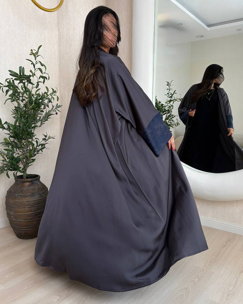 Gray open abaya with blue sleeves