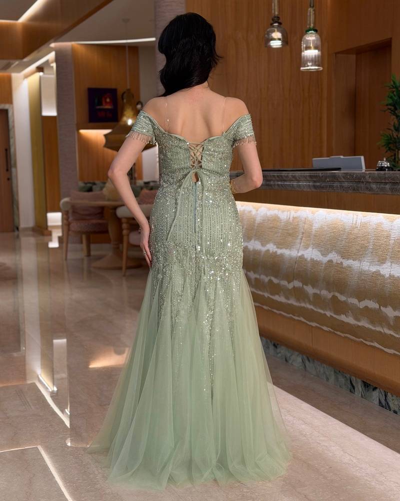 Light green evening dress with a tulle shawl