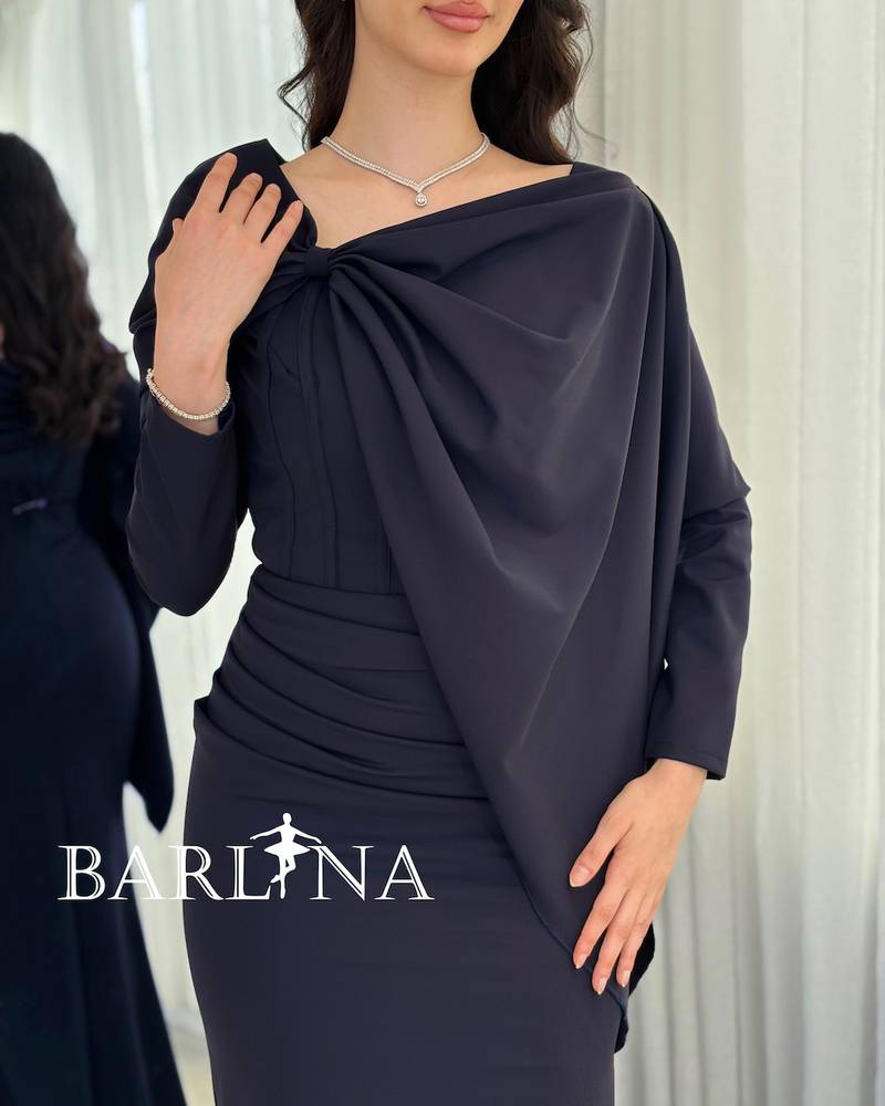 Soft navy fitted dress with side draping