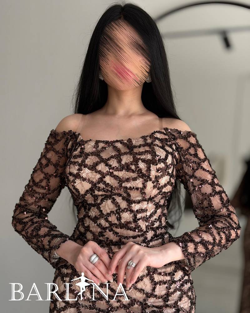 Beige lace dress with brown beaded embroidery