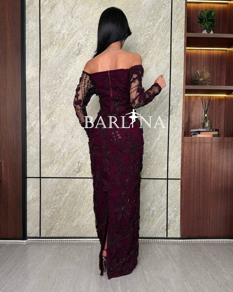 Burgundy dress with full embroidery and rose designs