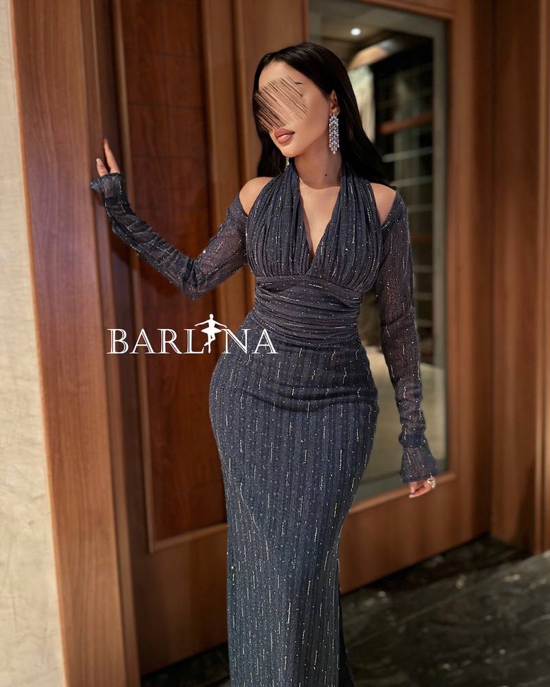 Navy blue embroidered tight dress with stones
