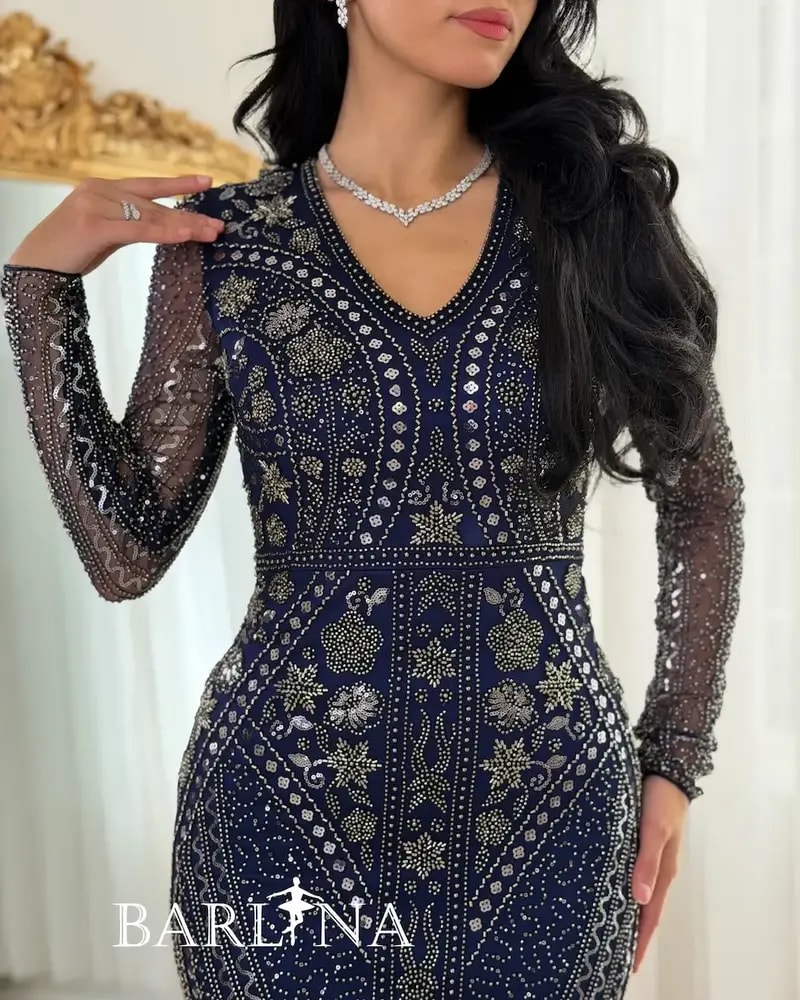Luxurious navy blue evening dress with beadwork