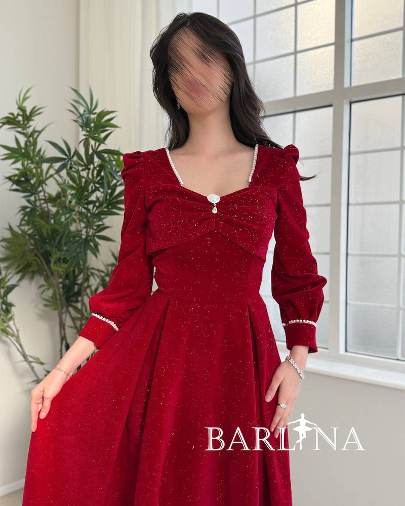 Red midi dress with shimmering details
