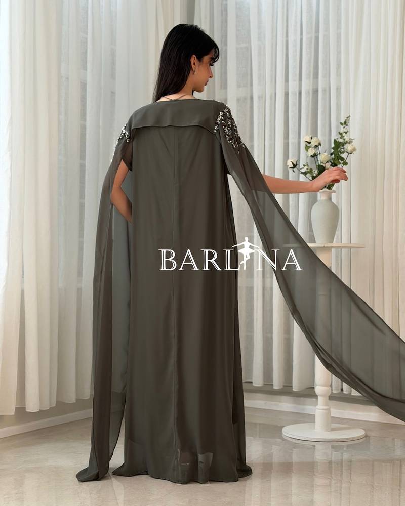 Dark olive chiffon jalabiya with luxurious embroidery