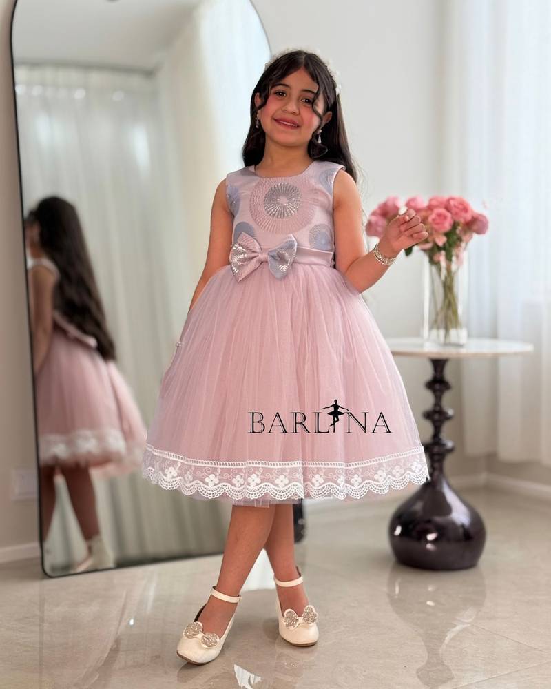 Pink jacquard dress for girls with lace trim