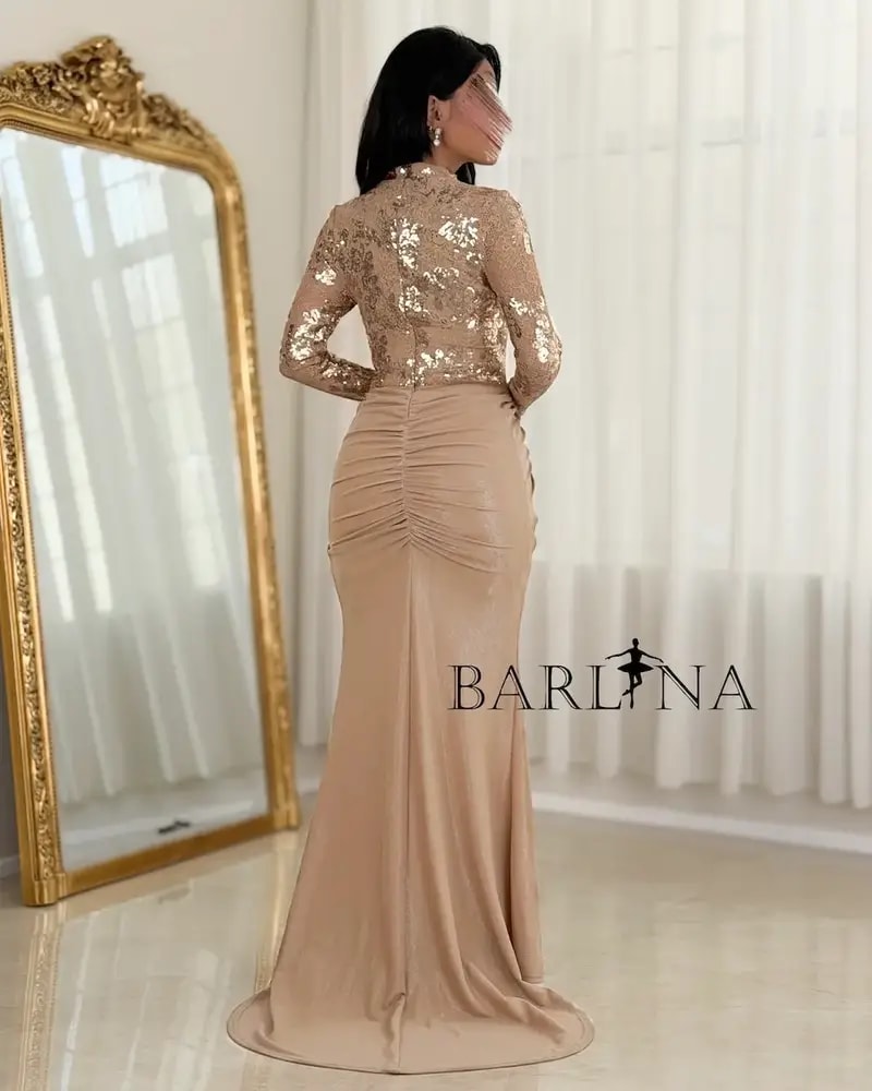 Evening dress adorned with embroidery and shimmering sequins