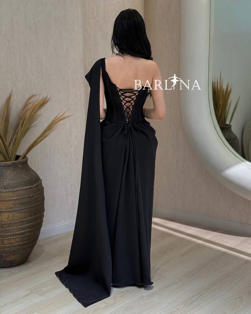 Black one-shoulder corset dress with side shawl