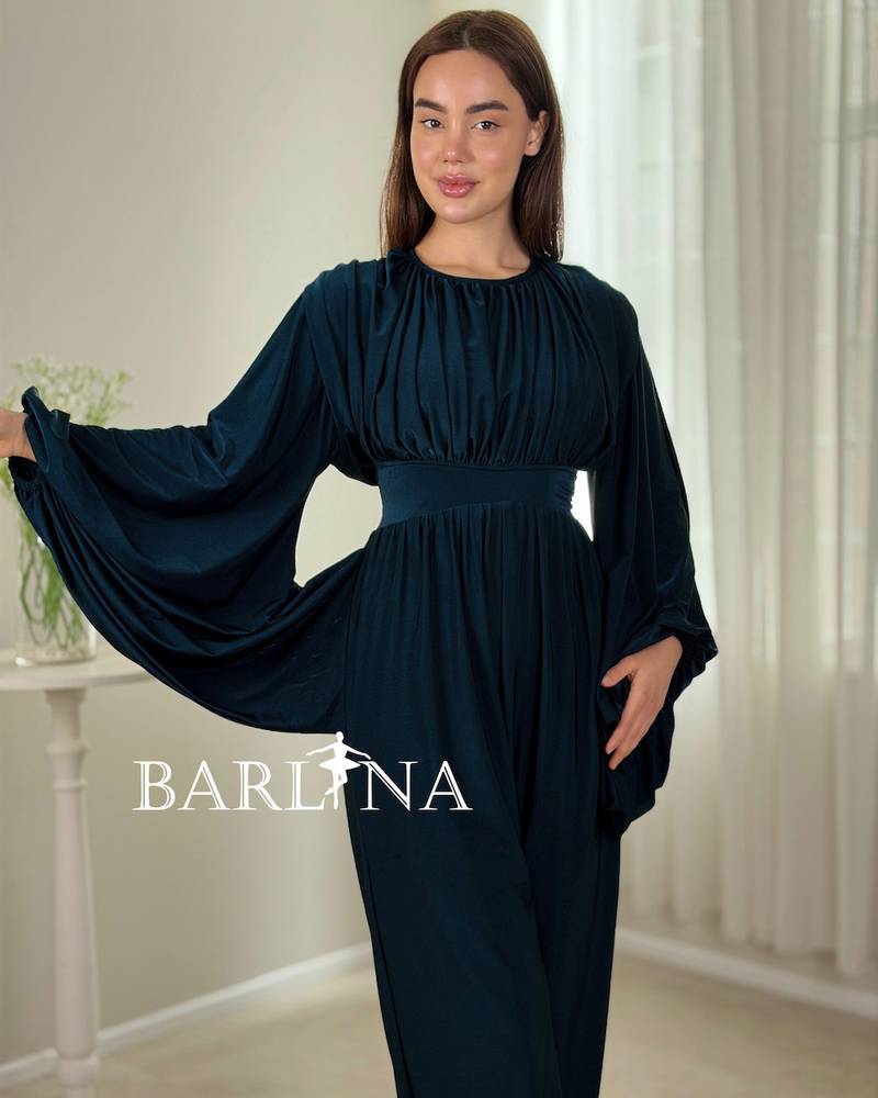 Navy jumpsuit with wide sleeves and a defined waist