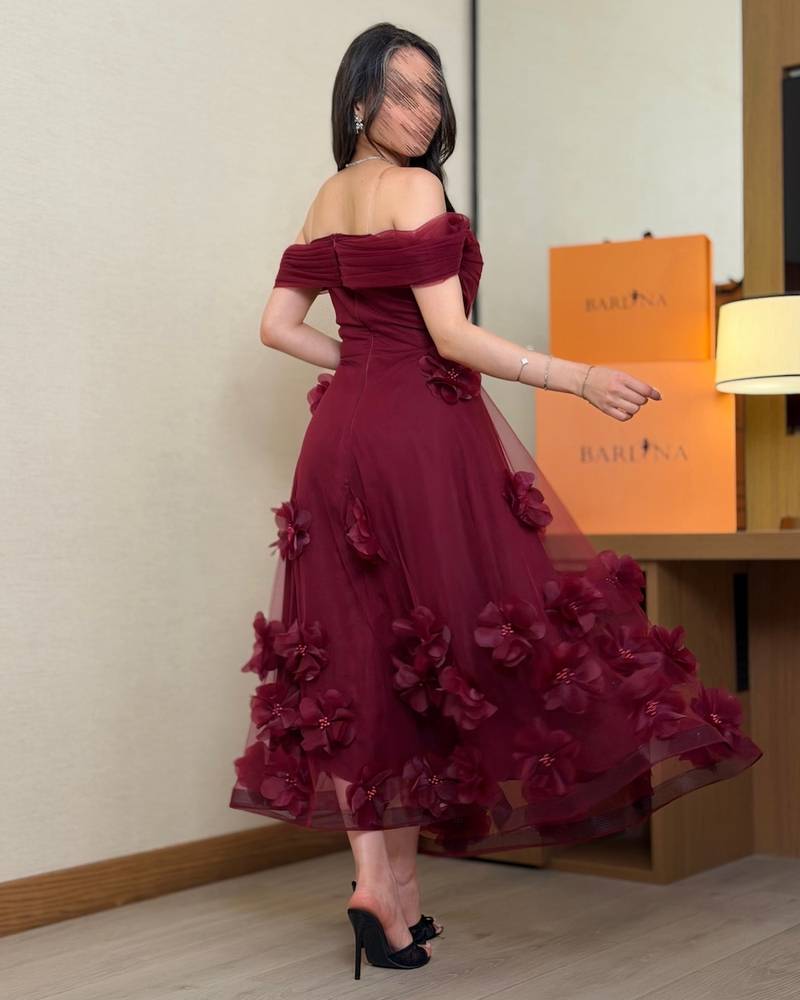 Burgundy tulle midi dress with large scattered roses