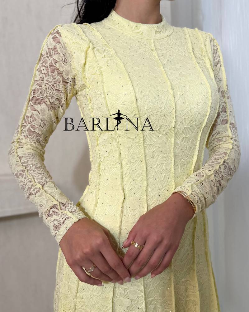 Soft yellow lace dress with long sleeves