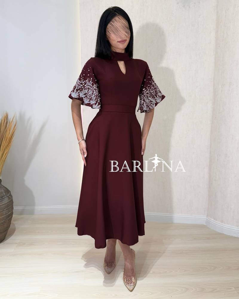 Burgundy midi dress with floral embroidered sleeves