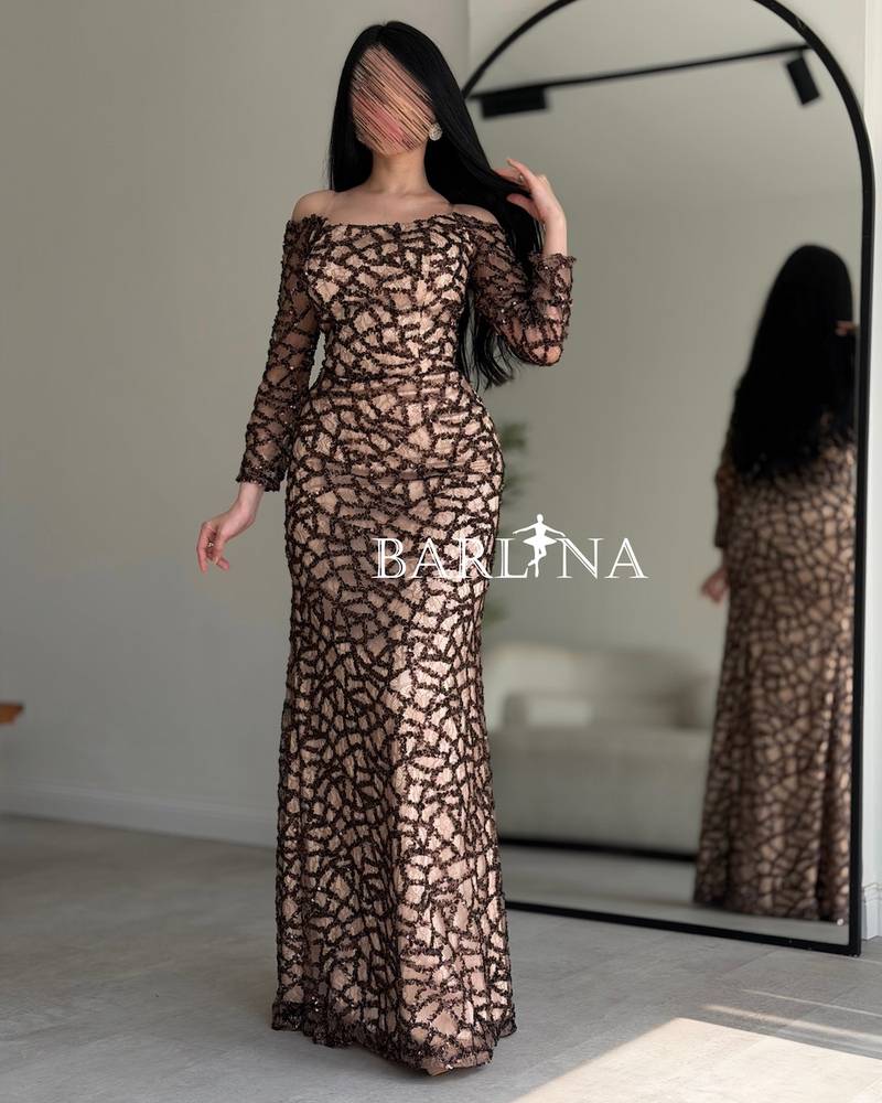 Beige lace dress with brown beaded embroidery