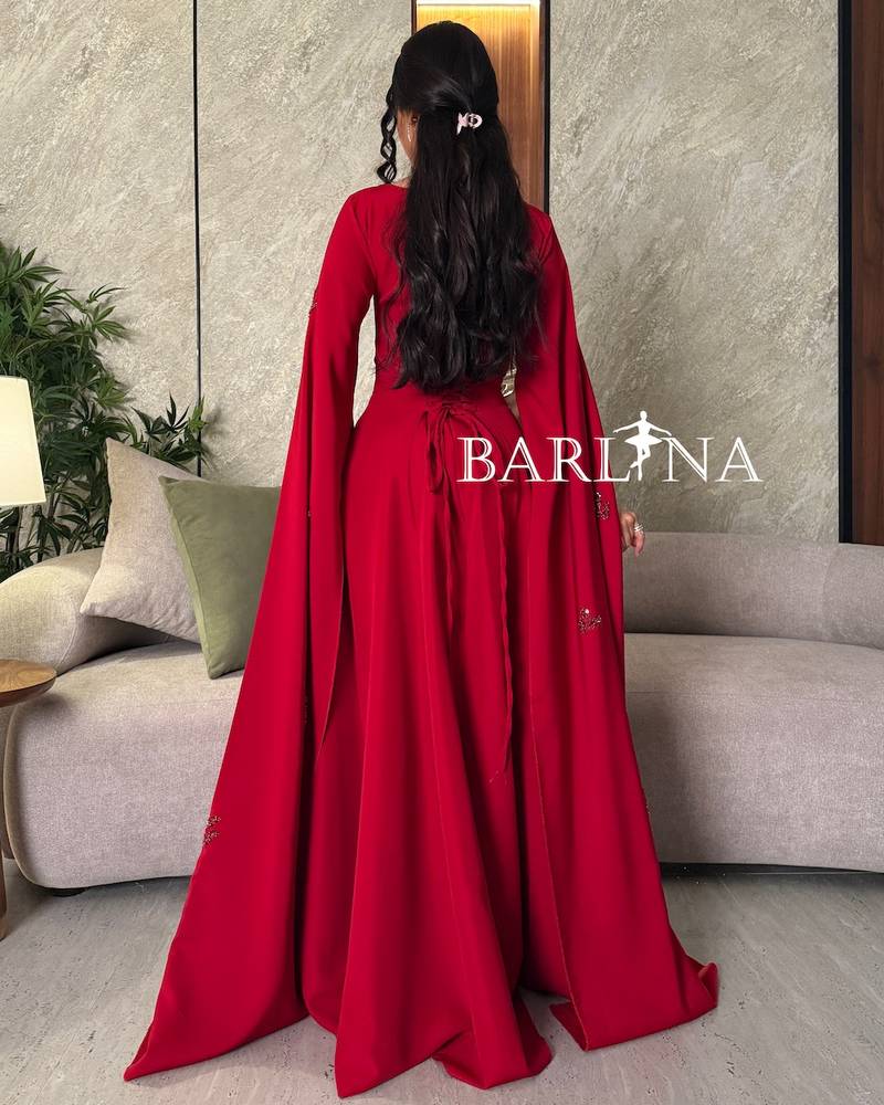 Royal red dress with long draped cape