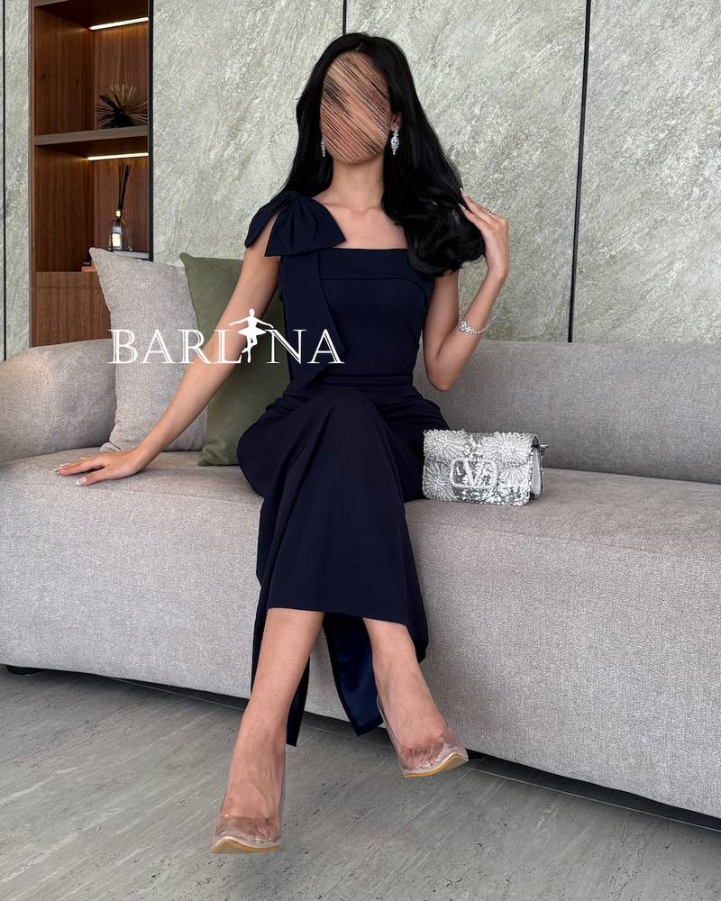 Dark navy one-shoulder dress with knot detail
