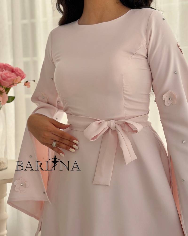 Light pink midi dress with floral sleeves