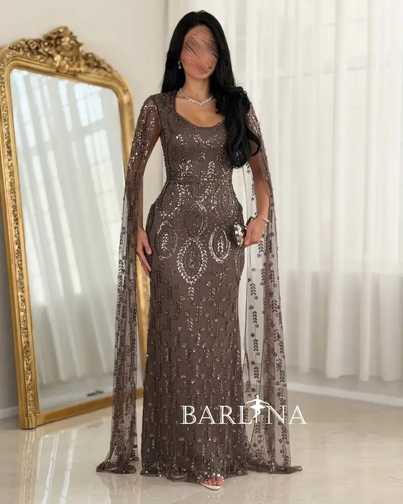 Luxurious brown evening dress fully embroidered