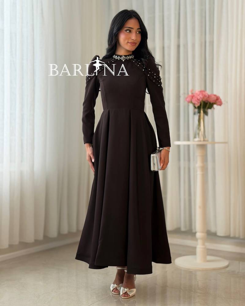 Long brown dress with shimmering details at the collar