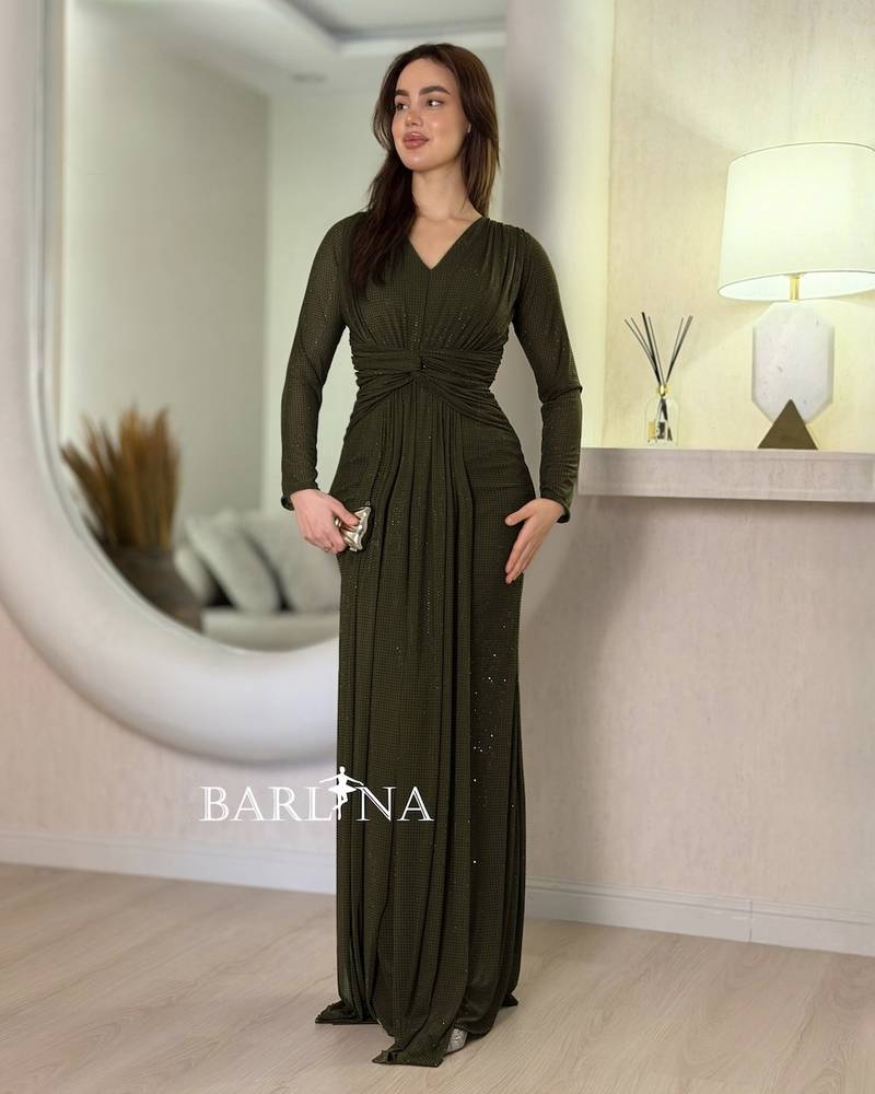 Elegant dark olive dress with a draped design