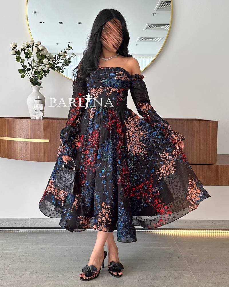 Black Off Shoulder Dress with Colorful Patterns