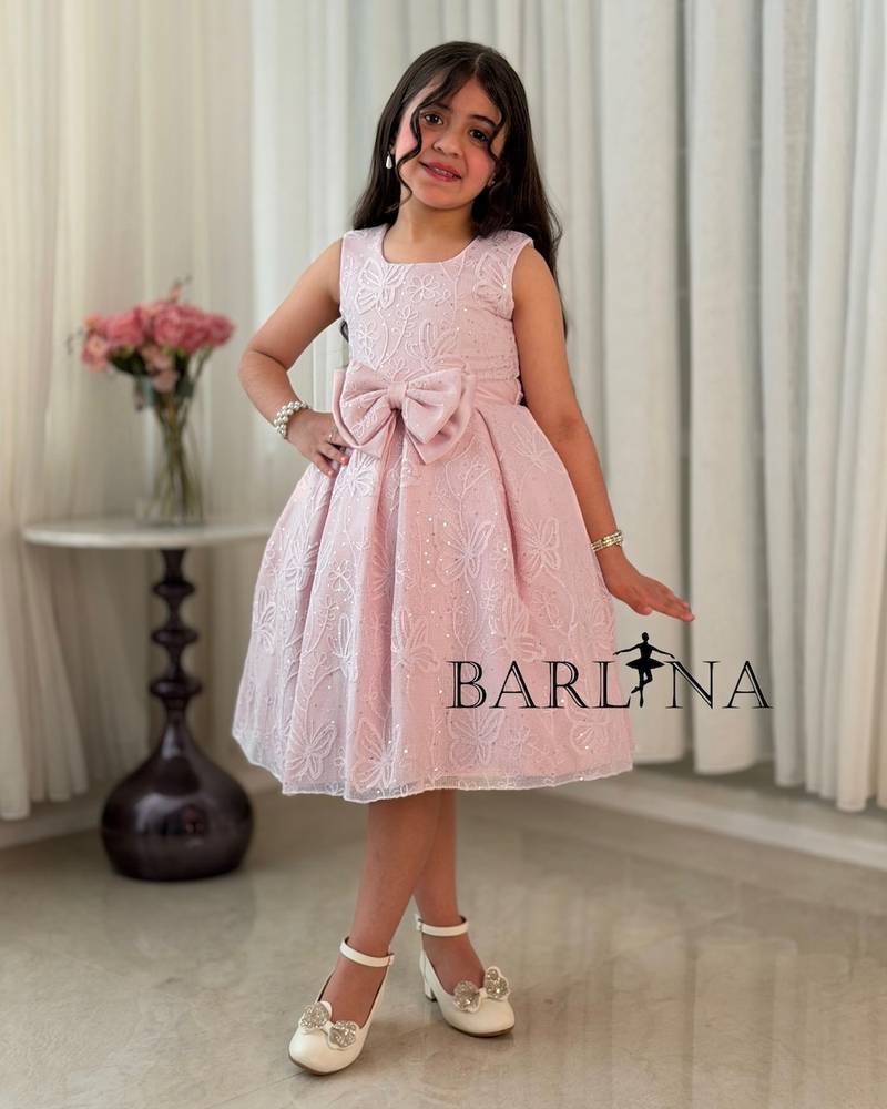 Pink girls' dress with embroidered mesh fabric