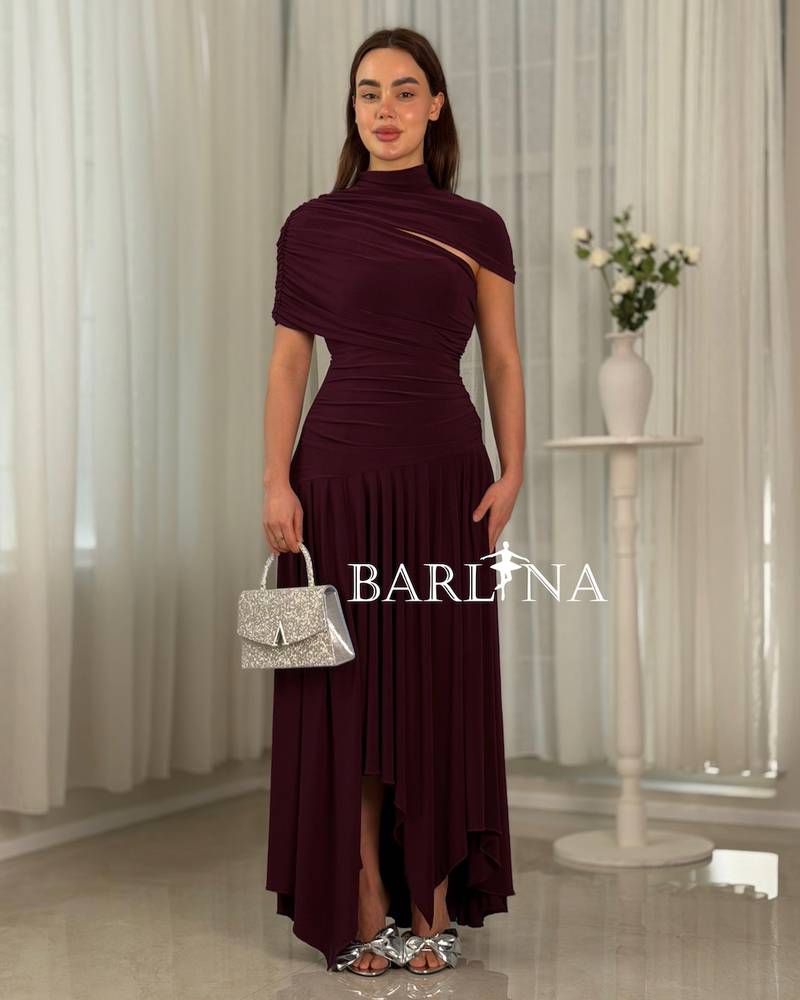 Soft burgundy dress with a slanted neckline