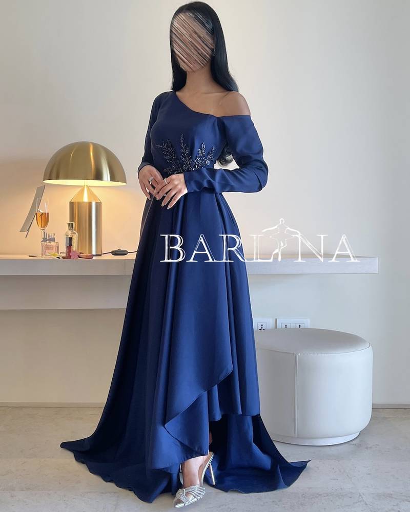 One-shoulder navy blue dress with long sleeves
