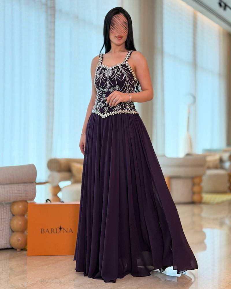 Long purple embroidered georgette evening dress