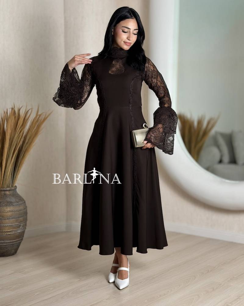 Elegant dark brown dress with lace details
